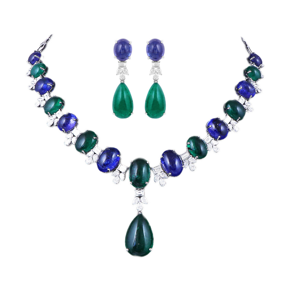 Tanzanite and Emerald Necklace and Earrings